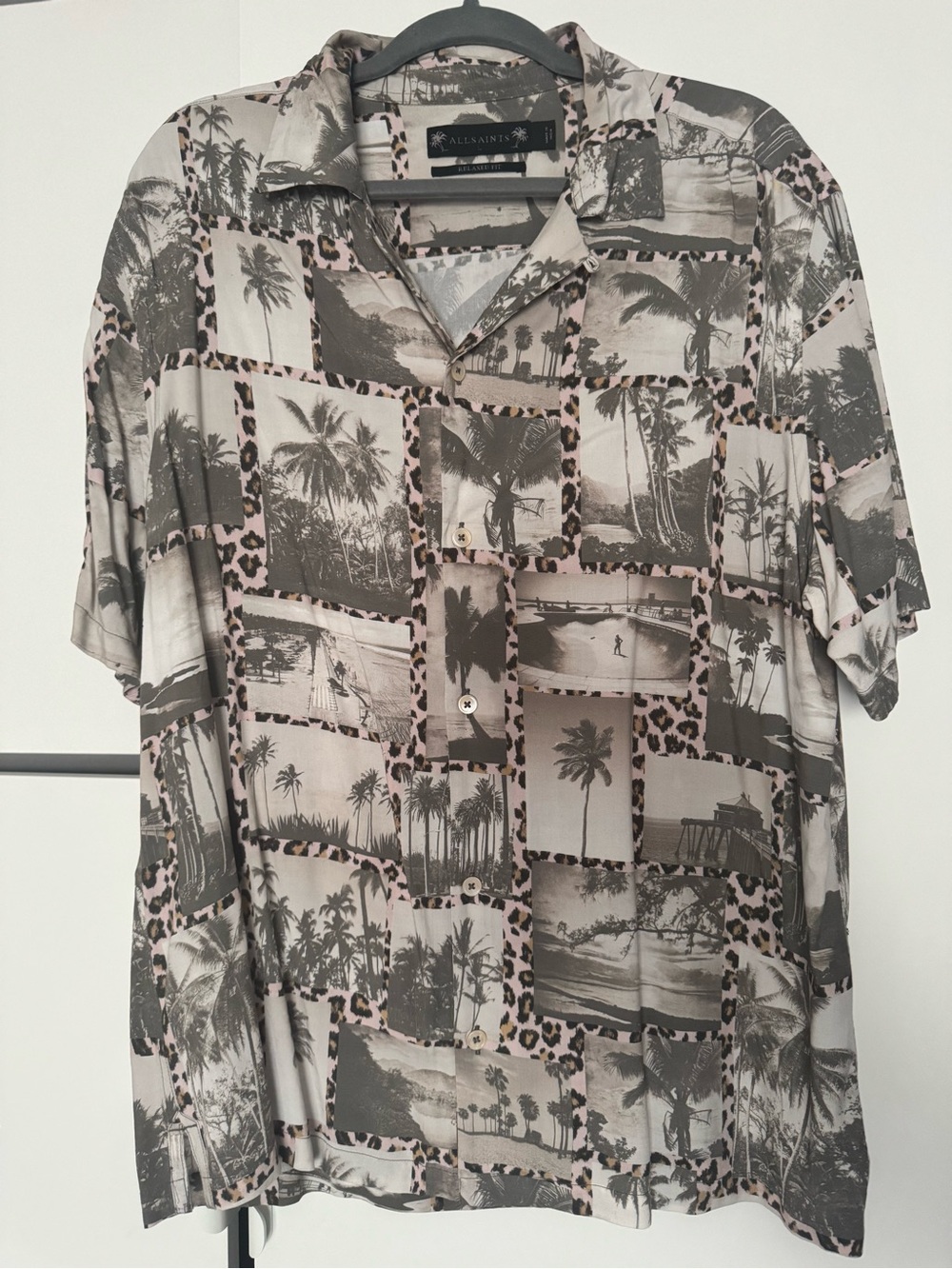 All Saints Palm-Print Short Sleeve Button Shirt in Grey and Beige